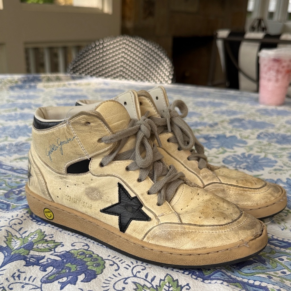 Golden Goose Gold Mid-Top Sneakers with Black Star